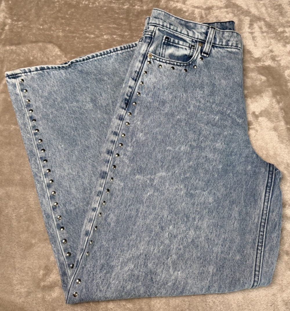 GAP Baggy Mid Rise Studded Blue Wide Leg Acid Wash Jeans Womens Size 8